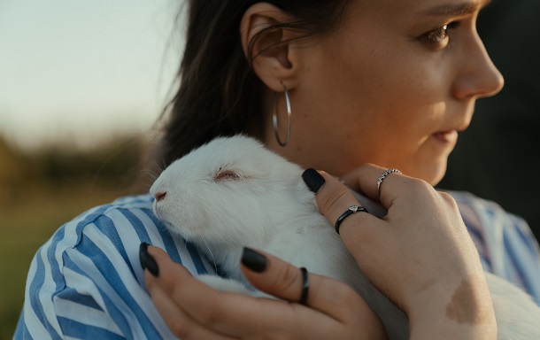 woman cares for rabbit